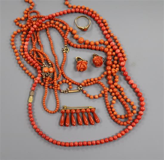 A group of assorted coral jewellery including necklaces, ring, ear clips etc.